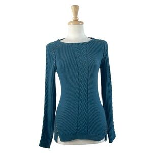 RENUAR Sweater Small Fitted Scoop Neck Long Sleeve Cable Knit Studded Green